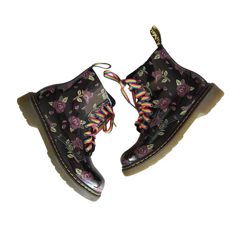 Dr. Martens 1460 J Floral Doodle Patent Leather Boots Black Pink Girl's Size 3